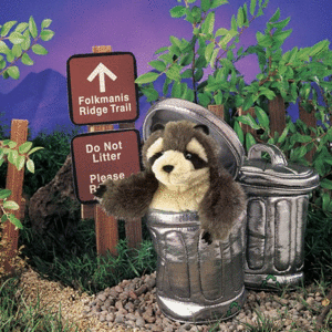 PUPPET RACCOON-IN-GARBAGE CAN