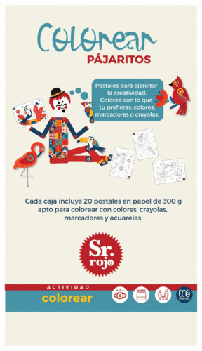 JUEGO SR. ROJO - POSTALES PARA COLOREAR PAJARITOS - 20 PIEZAS